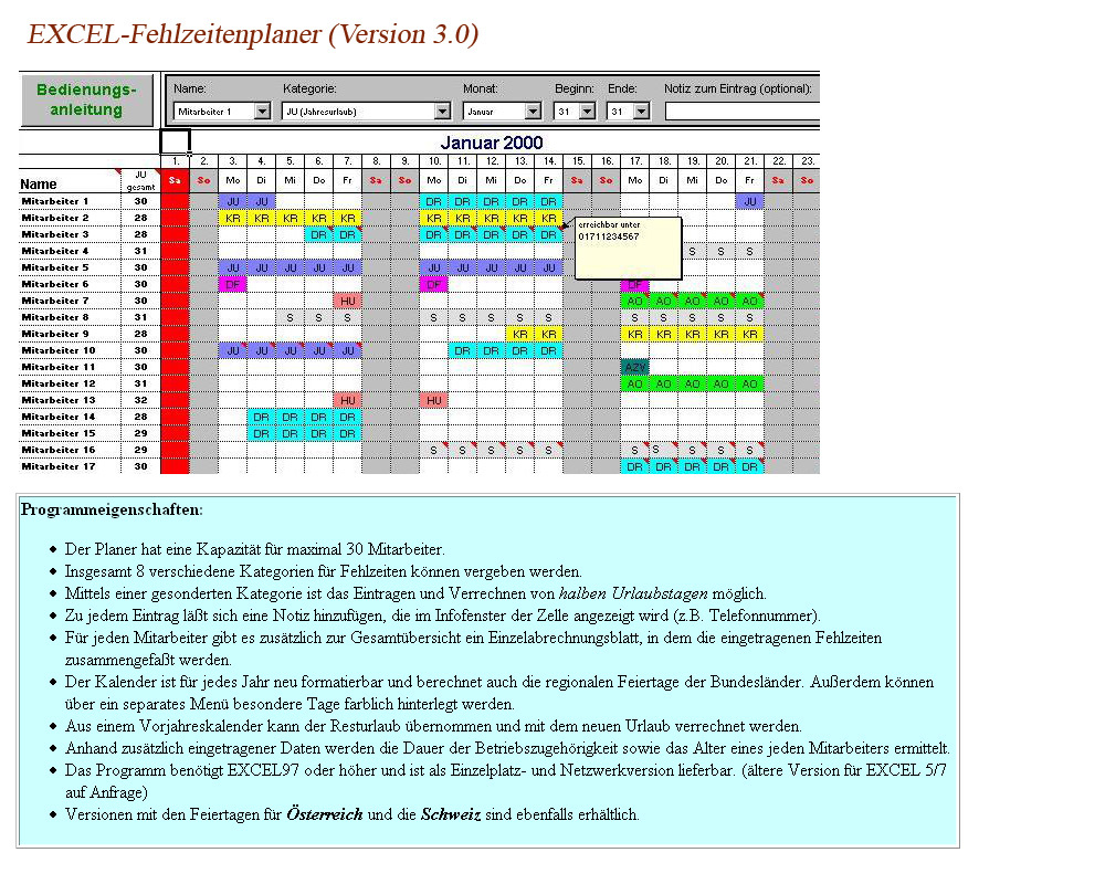 Screenshot für Fehlzeitenplaner