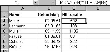 Liste mit Hillfsspalte (unsortiert)